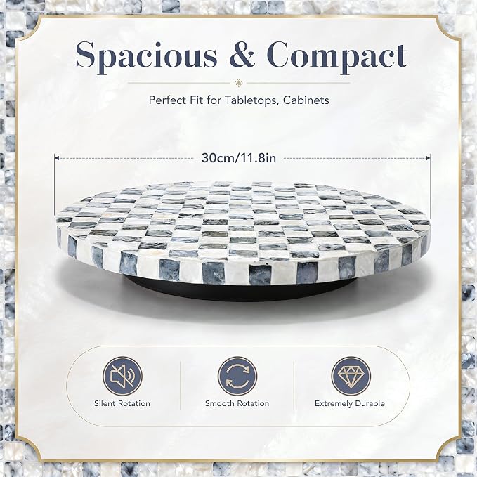 Reallnaive Mother of Pearl Lazy Susan for Table Turntable Organizer Marble Patterned Lazy Susan Wood Spinning Tray Rotating for Kitchen Cabinet Spice Pantry 12 Inch(Round,Black White Checkerboard) - Image 3