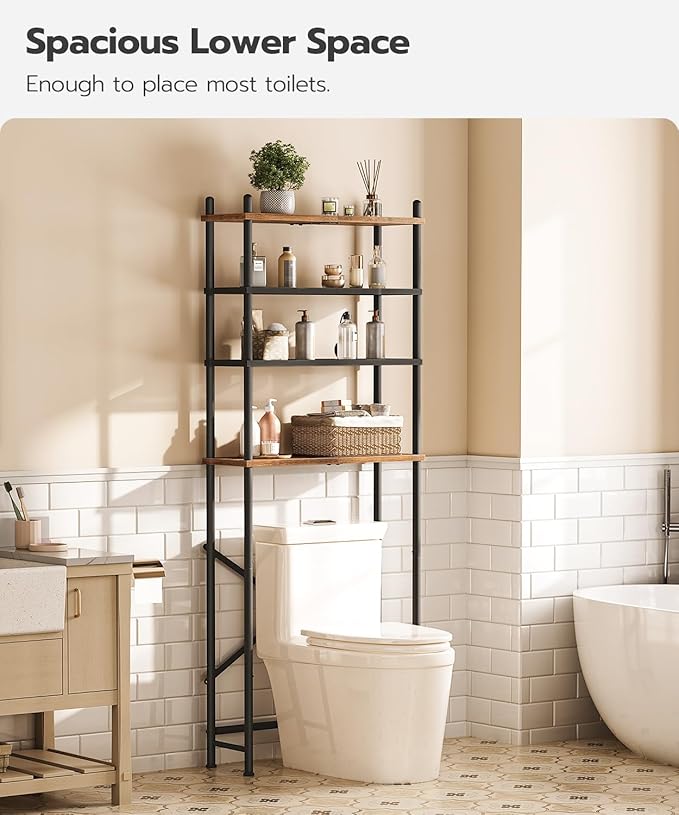 HOOBRO Over the Toilet Storage, 4-Tier Over Toilet Bathroom Organizer, Freestanding Above Toilet Shelf with Adjustable Feet, Space Saving, Easy to Assemble, Rustic Brown and Black BF64TS01 - Image 3