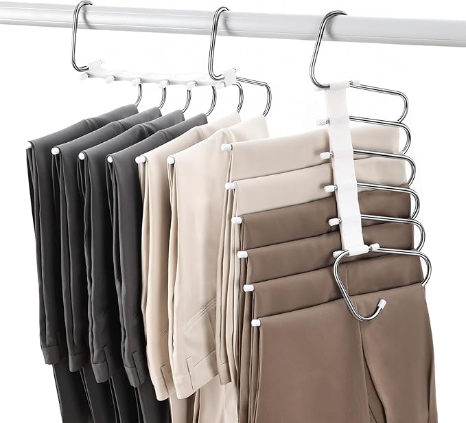 Upgraded Collapsible Pants Hangers Space Saving, 6 Layers Clothes Rack, Stainless Steel Multifunctional Closet Organizer, Non Slip Metal Hangers for Pants Jeans Skirts Trousers (4 Pack) by Fayleeko