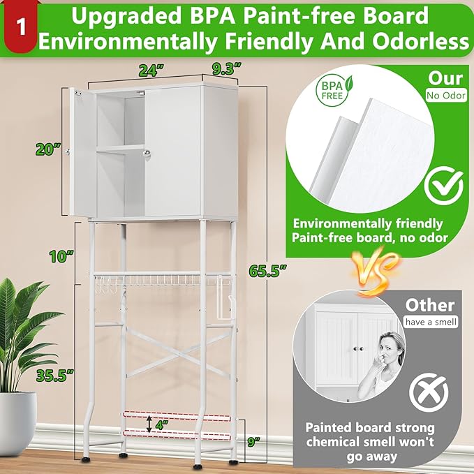 Over The Toilet Storage Cabinet - 2-Door Design Bathroom Organizers Shelf, Freestanding Space-Saver Above Toilet Storage Cabinet with Privacy Protection Rack, Water-Resistant Toilet Shelves (White) - Image 2