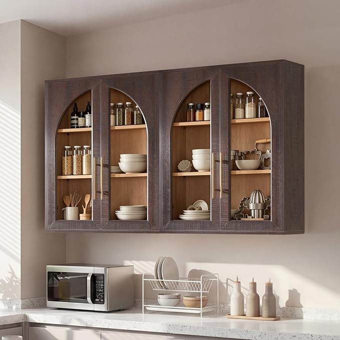 Bathroom Wall Cabinet Set 2, 23.5×31.4'' Storage Cabinet, Arched Cabinet Wall Mount with Adjustable Shelf & Glass Doors,Medicine Cabinet for Laundry Room,Bathroom, Kitchen, Brown/Natural,2PC by NOWABAY
