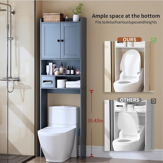 Over the Toilet Storage Cabinet,Tall Slim Bathroom Organizer with Doors, Adjustable Shelves & Built-in Toilet Paper Holder, Space-Saving Above Toilet Cabinet for Small Bathroom (Navy Blue) - Image 2