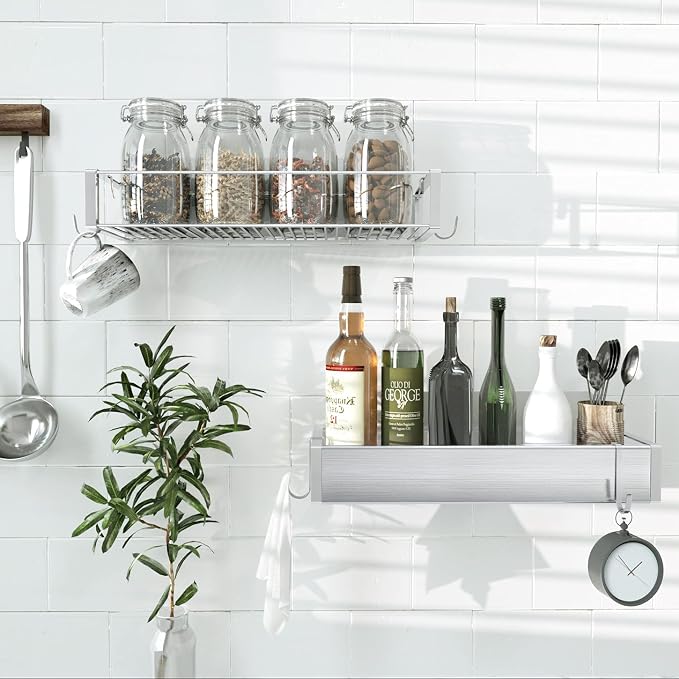 Bathroom Adhesive Shower Caddy Basket Shelf with Hooks, No Drilling Removable Bathroom Shelf Organizer,Stainless Steel Rustproof Shower Rack for Shampoo Storage, Sponge Holder-Silver - Image 4