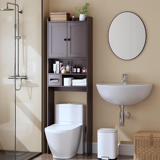 Over the Toilet Storage Cabinet, Tall Slim Bathroom Organizer with Doors, Adjustable Shelves & Built-in Toilet Paper Holder, Space-Saving Above Toilet Cabinet for Small Bathrooms (Espresso) by Nivisre