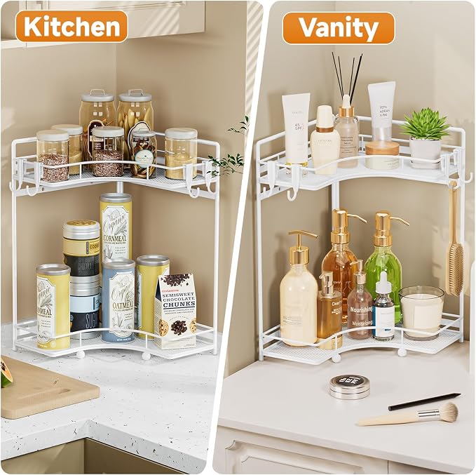 VITVITI 2-Tier Corner Bathroom Counter Organizer, Bathroom Countertop Organizer Storage for Sink, Metal Mesh Makeup Organizer for Vanity Countertop Kitchen with Hooks,White - Image 5