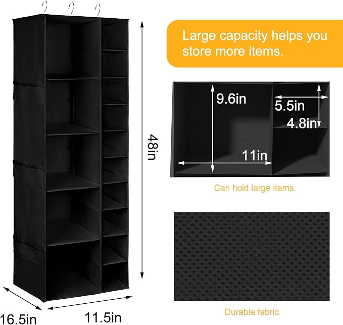 Libeder Shoe Organizer for Closet, 15 Shelf Hanging Closet Storage Shelves - 10 Shoe Rack Organizer and 5 Compartment for Clothes with 6 Side Mesh Pockets for Scarf, Socks,Gloves, Black - Image 2
