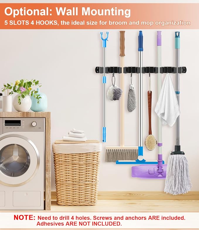 Broom Holder Over The Door with 4 Over Door Hook, Drilling Free Mop - Black - Image 7