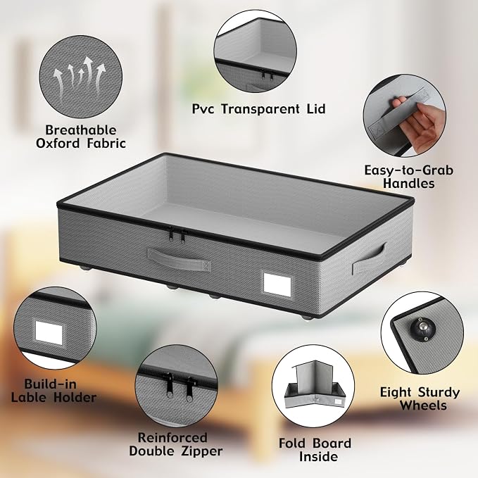 EE-RoomWorld Under Bed Storage with Wheels, No Assemble Required 5.5 inches height grey under bed storage bins,Low Profile Rolling Underbed Shoe Storage containers，dorm underbed storage drawers - Image 4