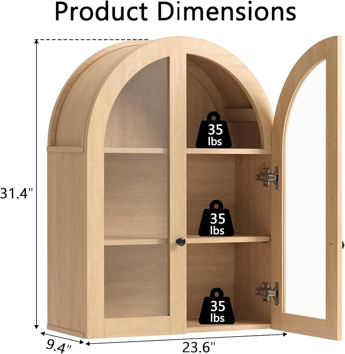 Bathroom Arched Wall Cabinet Over The Toilet Storage Cabinet, 23.5×31.4 Inch bathroom cabinet wall mount with Glass Doors & Adjustable Shelves, Wood Cabinet for Laundry Room, Kitchen,Natural oak - Image 2