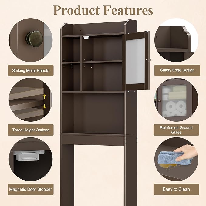 ZENY Over The Toilet Storage Cabinet, Bathroom Organizer with Adjustable Shelf and Double Doors, Freestanding Bathroom Space Saver Toilet Rack (Brown) - Image 7