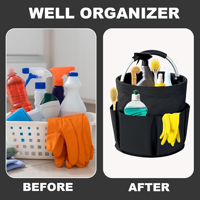 Cleaning Caddy with Handle, 17L Foldable Cleaning Supplies Organizer, Portable Storage Basket, Cleaning Supply Caddy, Multifunctional Cleaning Bucket Bag for Garden, Home, Kitchen (Black) - Image 3