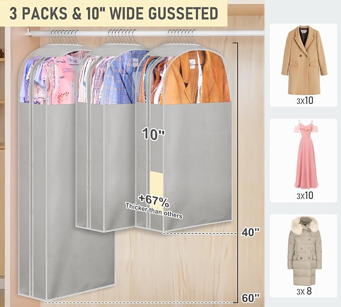 MISSLO 10" Gusseted Garment Bags for Hanging Clothes 40"+60" Clear Suit Bags for Closet Storage Dress Bag for Gowns Long Coat Protector, 3 Packs, Grey - Image 2