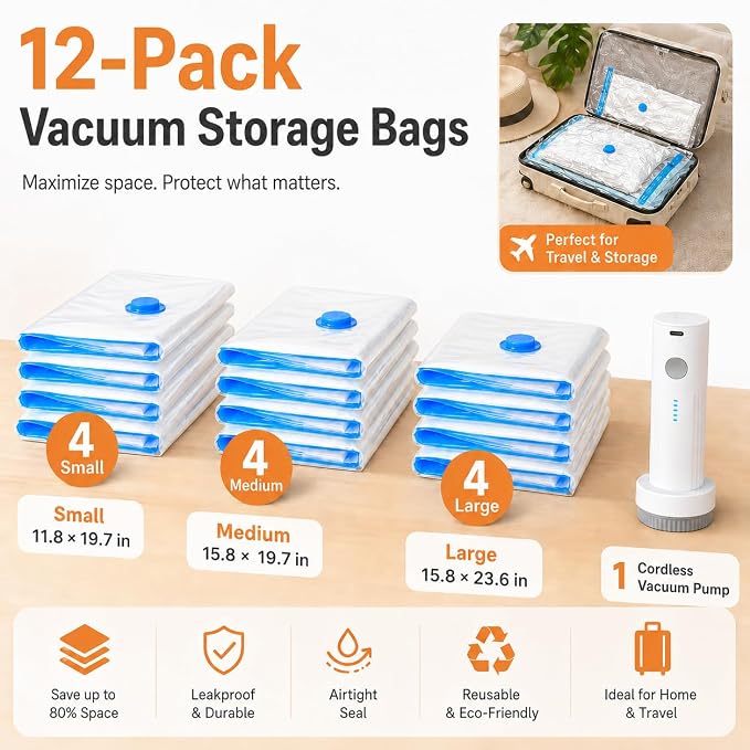 12 Pack Vacuum Bags for Travel with Rechargeable Pump, Save Luggage Space - Image 2