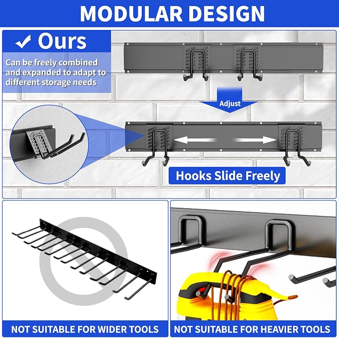 Garage Tool Organizer Wall Mount, 48 Inch Heavy Duty Garden Tool Organizer Storage System, Easy Install with 7 Adjustable Hooks, for Garage, Basement, Shed, Workshop, Black, Steel - Image 4