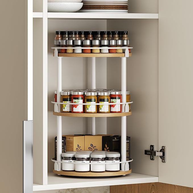 YATINEY 3-Tier Lazy Susan Organizer, Rotating Spice Rack, Spinning Organizer, Industrial Turntable Spice Rack Organizer for Cabinet, Kitchen Countertop, Pantry, White and Natural SR23WN - Image 3