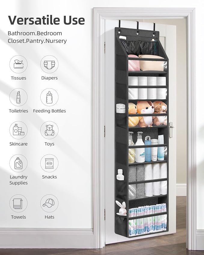 STORAGE MANIAC Over the Door Organizer 6-Shelf Closet Hanging Storage with 14 Mesh Pockets, 66lbs Capacity Clear Deep Pockets Behind Door Storage for Nursery, Bathroom, Bedroom, 1 Pack Black - Image 6