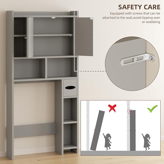 Shintenchi Over the Toilet Storage Cabinet, Bathroom Storage Cabient with Barn Doors, Bathroom Storage Shelf Organizer with Toilet Paper Holder, Adjustable Shelf and Anti-Tip Device, Gray - Image 6