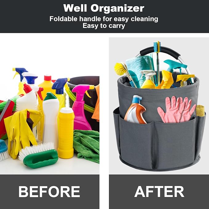 Cleaning Caddy with Handle, Cleaning Products Organiser, 17L Foldable Storage Basket, Cleaning Caddy Organiser, Portable Multi Cleaning Bucket Bag for Home, Garden (Dark Grey) - Image 2