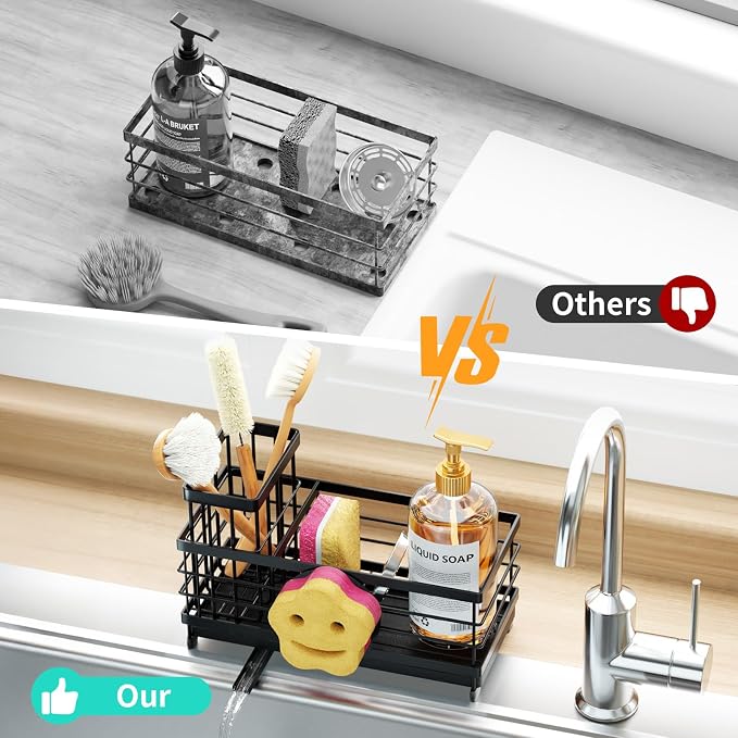 HapiRm Sponge Holder for Kitchen Sink - Self-draining Sink Caddy with Smiley Face and Brush Holder, Stainless Steel Kitchen Countertop Essentials and Gadgets - Black - Image 7