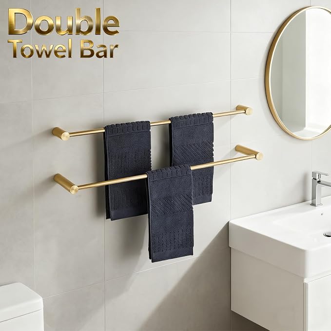 Towel Racks for Bathroom, NEWRAIN 30 inch Double Bath Towel Bar Wall Mounted, Stainless Steel Kitchen Towel Holder, Brushed Gold Towel Rod Towel Rail Hange - Image 2