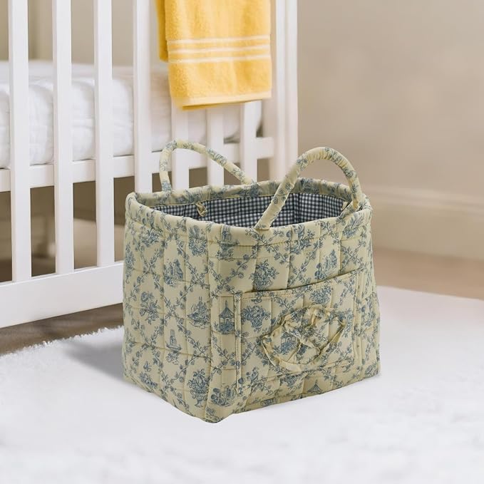 Quilted Fabric Storage Basket with Handles & Pocket, Foldable Laundry Hamper Boho Floral Print Organizer Bin for Home, Picnic, Office 12"x10"x10" (B-3) - Image 3