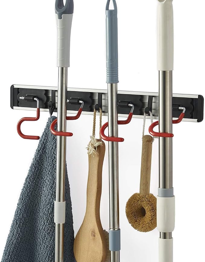 Wall Mounted Mop and Broom Holder Stainless Steel S Type Broom Rack Anti-Slip Mop Organizer (17 Inches,4 Positions 3 Hooks, Red black) (17inch) by MOYODOR