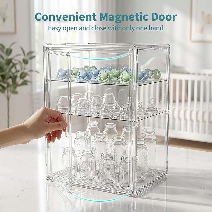 X-LARGE Baby Bottle Organizer, Upgraded Bottle Storage Organizer Baby for Countertop Cabinet, Removable Baby Organizer with Magnetic Door, Bottle Station Organizer for Nipples, Pump Parts, Thickened - Image 3
