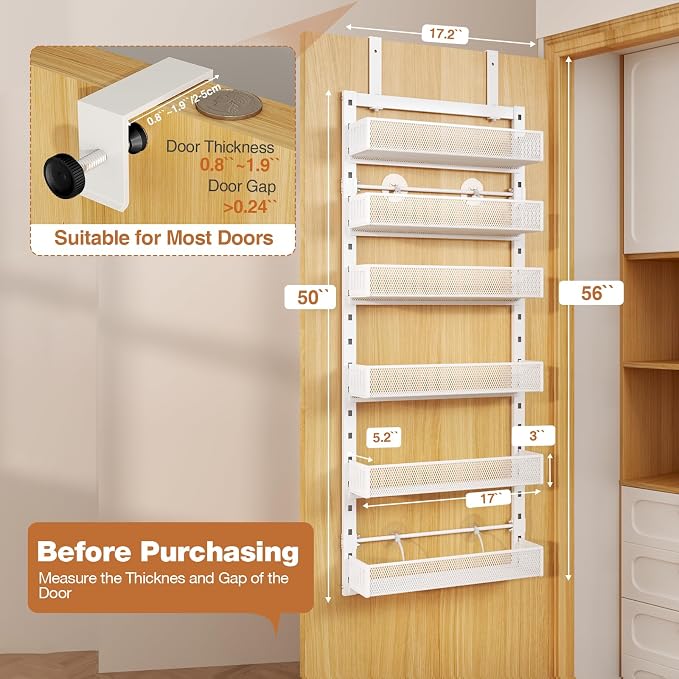 Pantry Door Organizers and Storage, 6-Tier Large Metal Heavy-Duty Frame Over the Door Spice Rack, 2 in 1 Wall-Mounted or Hanging shelf for Kitchen, Bathroom, Laundry Room, Bedroom, Closet &Nursery - Image 2