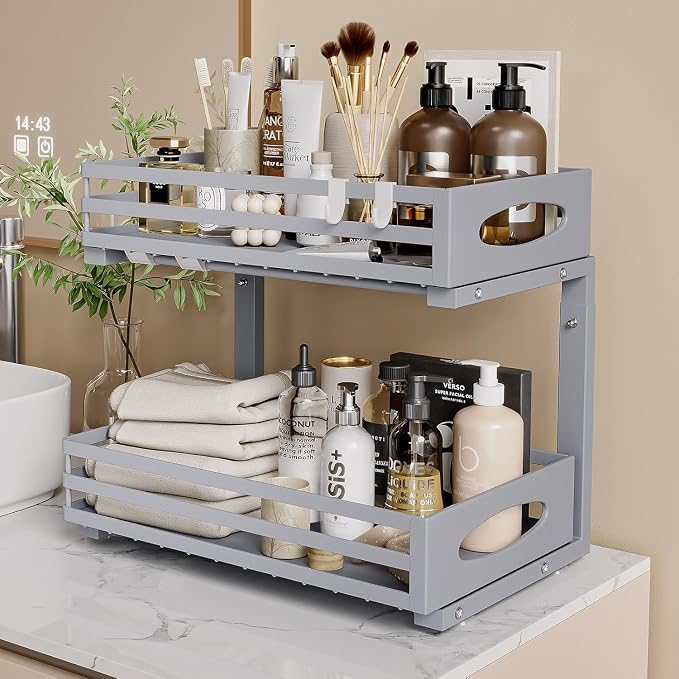 Under Sink Organizer, 2 Tier Under Sink Organizers and Storage, Adjustable Height, Slide out Metal Cabinet Organizers, Pull out Cabinet Storage Drawer Shelf for Kitchen Bathroom (Gray, 2 Pack) - Image 8