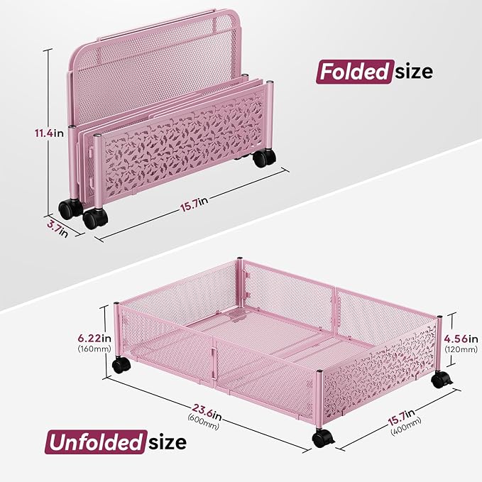 PHINOX Under Bed Storage Container with Wheels,Patterned,Metal,2 Pack,Pink | Tool-free assembly, glide smoothly, easy reach, foldable, maxmazie low-profile beds, dorm, keep seasonal clothes, shoes fresh - Image 2