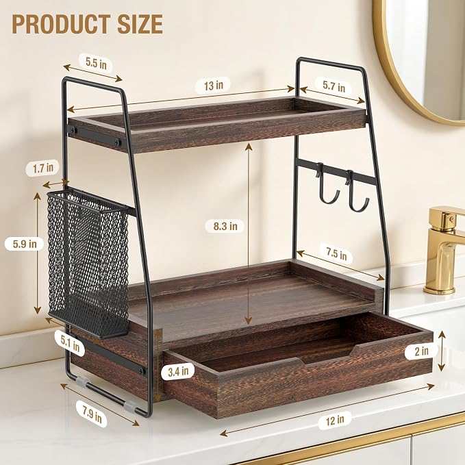 2-Tier Bathroom Counter Organizer with Drawer, Wood Counter Storage Shelf - Image 2