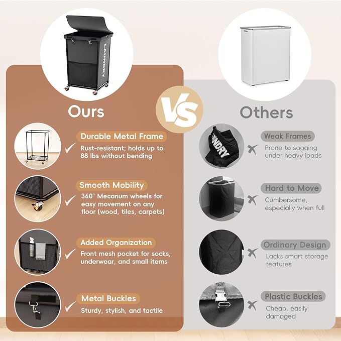 Laundry Hamper with Wheels and Lid, 150L Large Rolling Laundry Basket Gray - Image 8