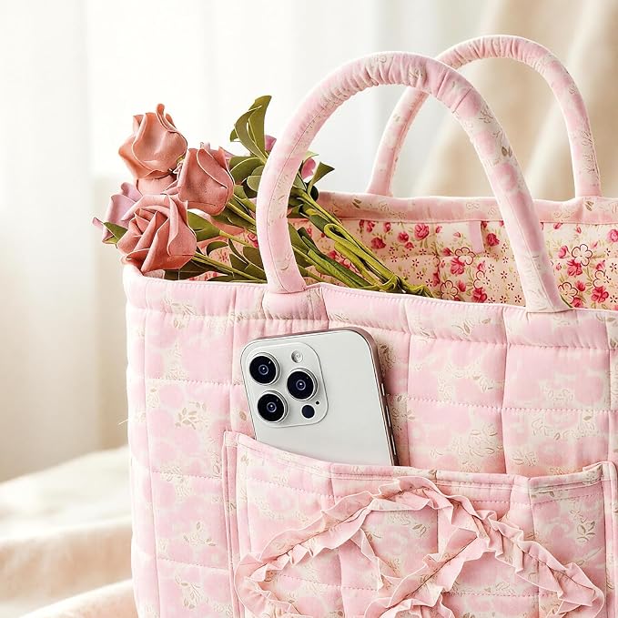 Quilted Fabric Car Storage Basket with Handles & Pocket, Foldable Laundry Hamper Boho Floral Print Organizer Bin for Home, Picnic, Office Nursery Cloth Toy 12"x10"x10" (Style A) - Image 8
