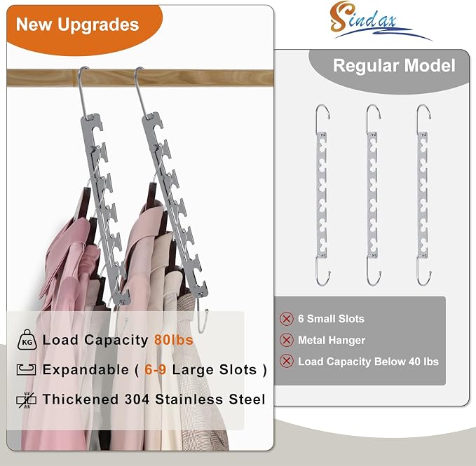 Sindax Space Saving Hangers Telescopic, 6 Holes Clothes Hangers Adjustment to 9 Holes, Upgraded Sturdy Metal Clothes Hangers Space Saving for Heavy Clothes, Closet Organizers and Storage - 8 Pack - Image 4