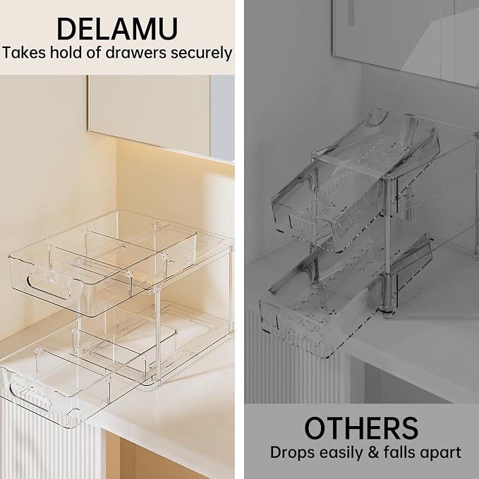 Delamu 2 Tier Under Sink Organizer Bathroom, Bathroom Cabinet Organizer with Snap-Lock Design and Hooks, Pull Out Storage with Movable Dividers, for Countertop, Kitchen and Pantry (Clear, 4 Pack) - Image 6