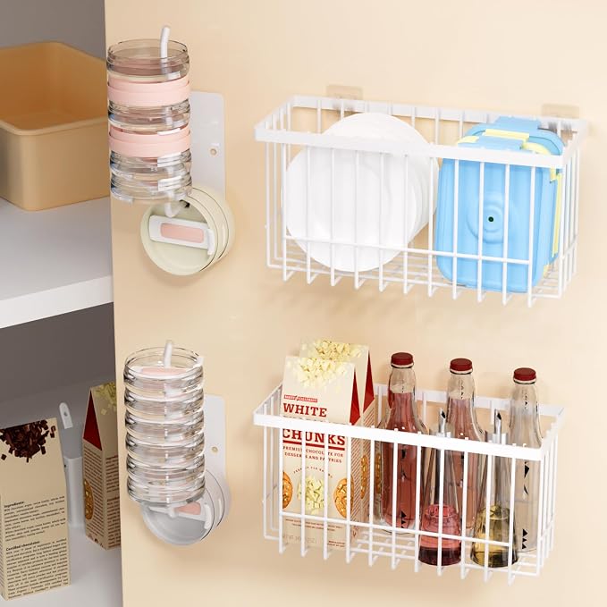 4 Pack Adhesive Cabinet Door Organizer - Tumbler Lid Organizer & Kitchen Storage baskets for Kitchen, Bathroom, Inside Cabinet Door Storage for Cup Lids, Spices, Small Supplies, Space-Saving (White) by JOLENSOY