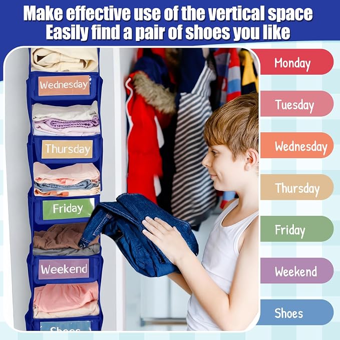2 Pack 7 Shelf Weekly Clothes Organizer Hanging Closet for Kids with Side Pockets Weekday Shoes Rack Weekly Clothes Organizers Monday Through Weekend Foldable Storage Shelves (Dark Blue) - Image 3