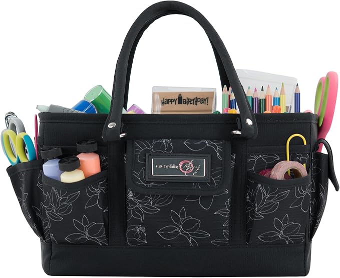 Everything Mary Deluxe Store & Tote Organizer – Black & White Floral Craft Bag with Handle – Collapsible Storage for Scrapbooking, Sewing, DIY Tools & Art Supplies by EverythingMary