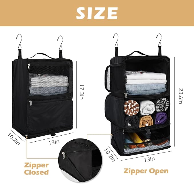 Surblue Hanging Shelves Travel Storage Bag Compression Packing Cube for Suitcase Collapsible with Extension Layer Large Capacity, Black,XL - Image 5