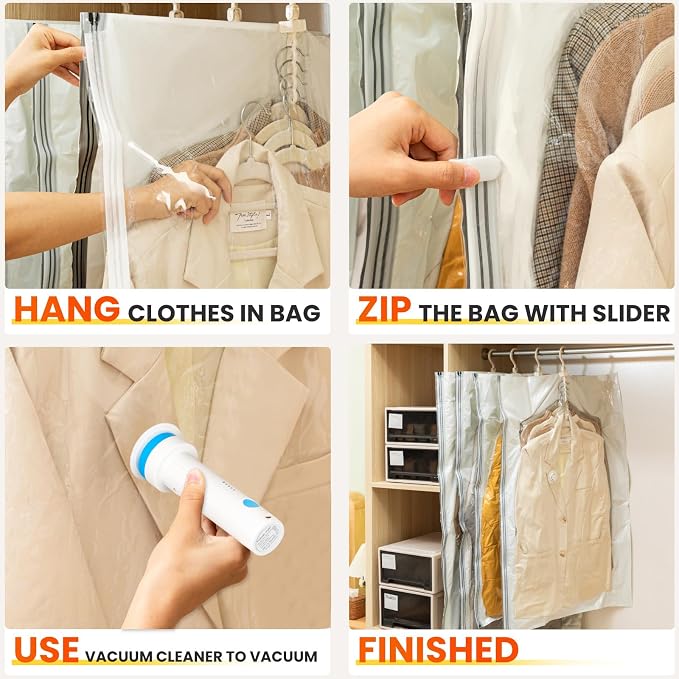 Hanging Vacuum Storage Bags with Electric Pump – 6 Pack (3 Long, 3 Short) Hanging Vacuum Seal Bags for Clothing, Closet Organizer Space Saver for Suits, Jackets & Coats - Image 8