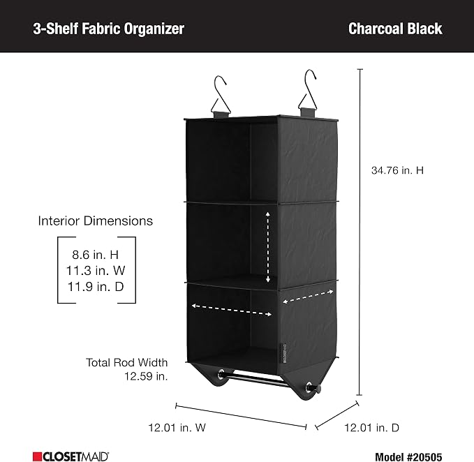ClosetMaid 3-Shelf Fabric Hanging Closet Organizer with Garment Rod for Shirts, Sweaters, Pants, Hats, Shoes, Purses with Charcoal Black Finish - Image 3