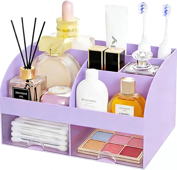 Makeup Organizer with 2 Drawers, Cosmetic Storage for Dresser Vanity and Bathroom Countertop,Make up organization and Skincare Storage with Beauty Brush Holder, Cosmetic Display Case (Purple) by DIRZHX