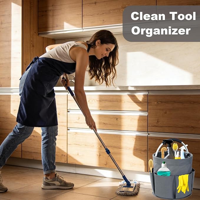 Cleaning Caddy with Handle, 17L Foldable Cleaning Supplies Organizer, Portable Storage Basket, Cleaning Supply Caddy, Multifunctional Cleaning Bucket Bag for Garden, Home, Kitchen (Grey) - Image 2