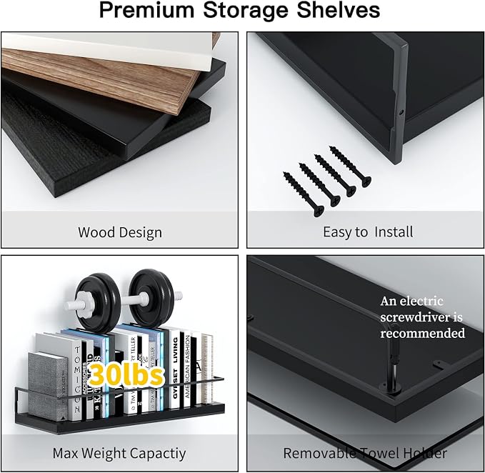 Shario Black Floating Shelves - Set of 2, Wall Mounted Hanging Shelves with Black Towel Rack, Decorative Storage Shelves for Bathroom, Kitchen, Living Room & Bedroom - Image 6