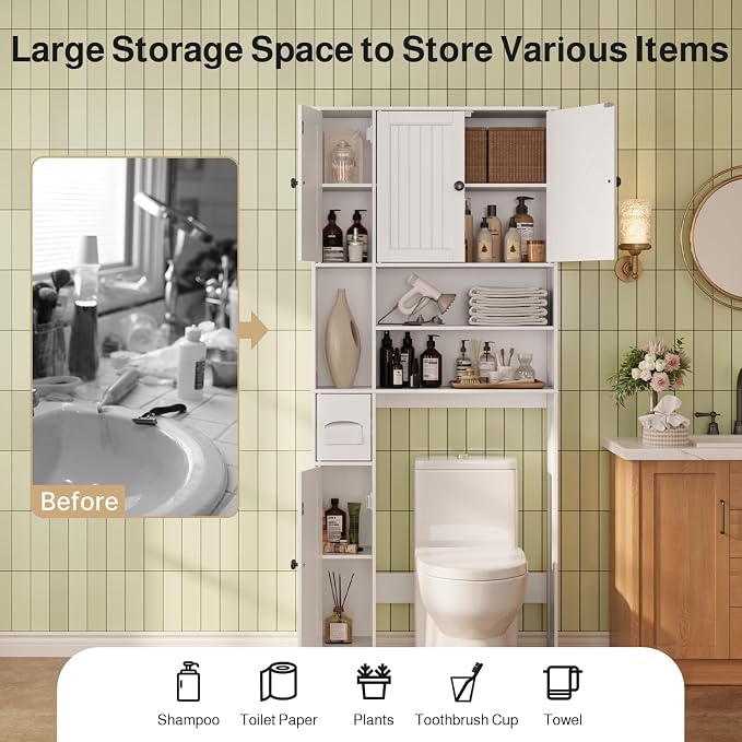 Ahomly Over The Toilet Storage Cabinet, with Five Doors, White - Image 4