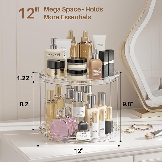 LAMU 12in 2 Tier Lazy Susan Organizer Large Lazy Susan Turntable Rotating Spice Rack Organization for Cabinet, Kitchen, Pantry, Countertop, Bathroom, Vanity, Medicine Cabinet Organizer, Clear - Image 3
