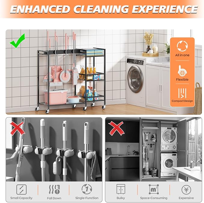 Broom and Mop Holder, MUNNAR Broom Closet Storage Cabinet with Cleaning Supplies Organizer, 2-in-1 Broom Mop and Cleaning Supplies Storage Cleaning Cart, Cleaning Cart with Wheels for Housekeeping - Image 6