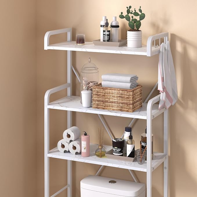 Huhote Over The Toilet Storage Rack with 3-Tier Bathroom Shelves, Space Saver Toilet Shelf, Bathroom Storage Organizer with Hooks for Over Toilet Storage and Bathroom Shelf (White Faux Marble) - Image 5