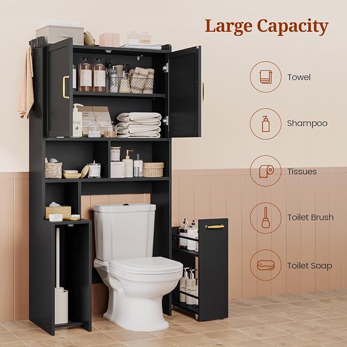 UPOSOJA Over The Toilet Storage Cabinet with Pulley Bathroom Storage Cabinet, Space Saver W/Adjustable Shelf & Open Shelf for Bathroom, Restroom, Laundry (Black) - Image 6