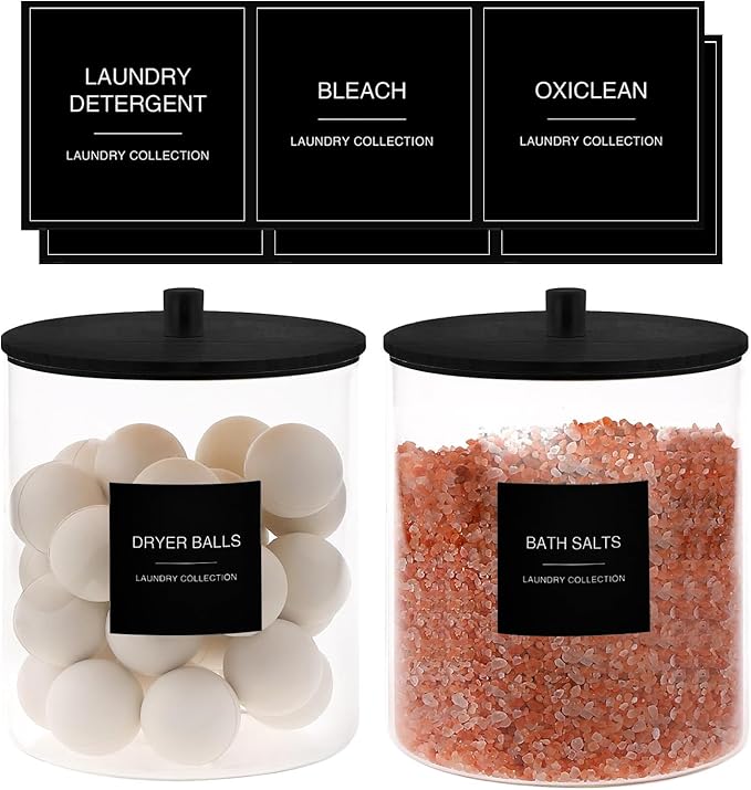 TIPGO Glass Jars for Laundry Room Organization, Laundry Pods Container with 27 Labels, Detergent Holder with Bamboo Lid, Cute Storage Jars, Black (Set of 2) - Image 2